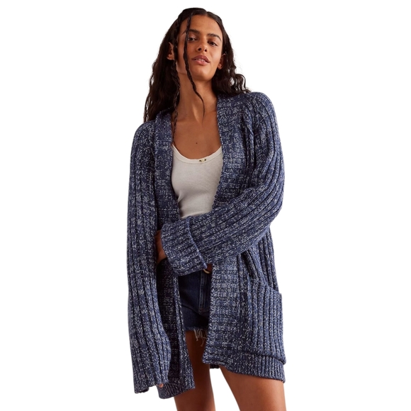 Free People Blossom Knit Cardi Open Front Blue Sweater Size...